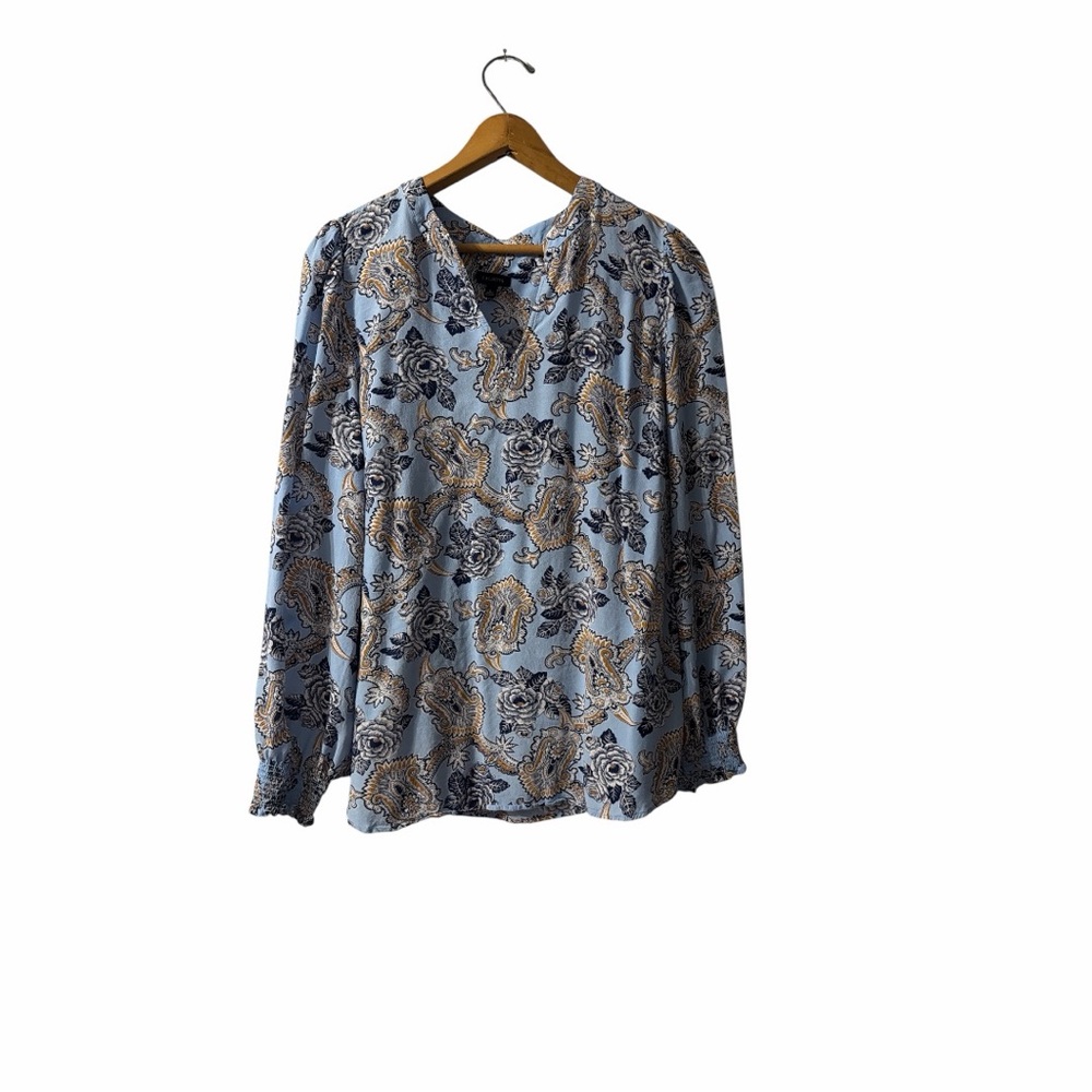 Talbots Paisley Floral Blouse Size Large Blue Boho Long Sleeve Top